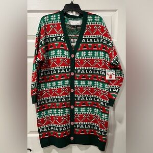 NWT Women 1X LS Button Front Long Line “Ugly Christmas Sweater Style” Cardigan